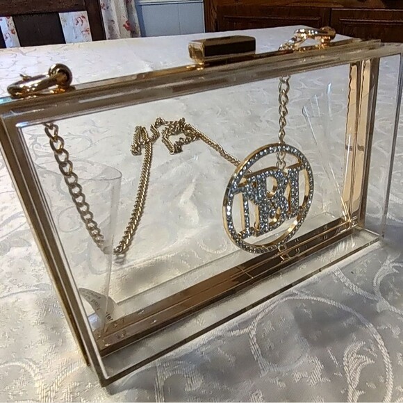 Badgley Mischka Clear Acrylic Clutch with Gold Chain and Rhinestone Monogram - Picture 2 of 8